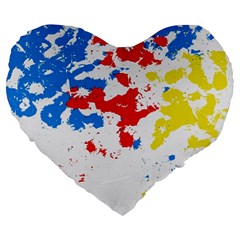 Paint Splatter Digitally Created Blue Red And Yellow Splattering Of Paint On A White Background Large 19  Premium Heart Shape Cushions by Nexatart