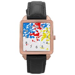 Paint Splatter Digitally Created Blue Red And Yellow Splattering Of Paint On A White Background Rose Gold Leather Watch  by Nexatart