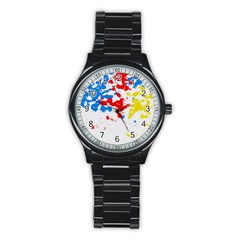 Paint Splatter Digitally Created Blue Red And Yellow Splattering Of Paint On A White Background Stainless Steel Round Watch by Nexatart