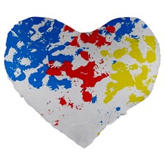 Paint Splatter Digitally Created Blue Red And Yellow Splattering Of Paint On A White Background Large 19  Premium Flano Heart Shape Cushions by Nexatart