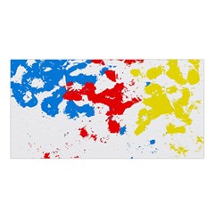 Paint Splatter Digitally Created Blue Red And Yellow Splattering Of Paint On A White Background Satin Shawl by Nexatart