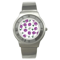 Purple Roses Pattern Wallpaper Background Seamless Design Illustration Stainless Steel Watch by Nexatart