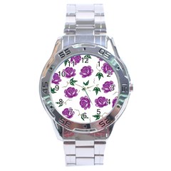 Purple Roses Pattern Wallpaper Background Seamless Design Illustration Stainless Steel Analogue Watch by Nexatart