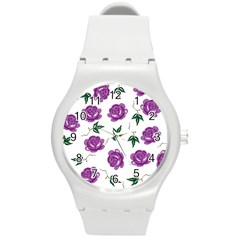 Purple Roses Pattern Wallpaper Background Seamless Design Illustration Round Plastic Sport Watch (m) by Nexatart