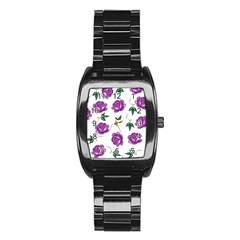 Purple Roses Pattern Wallpaper Background Seamless Design Illustration Stainless Steel Barrel Watch by Nexatart