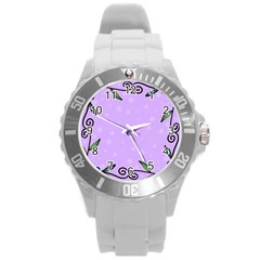 Hand Drawn Doodle Flower Border Round Plastic Sport Watch (l) by Nexatart