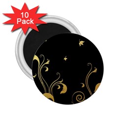 Golden Flowers And Leaves On A Black Background 2 25  Magnets (10 Pack)  by Nexatart