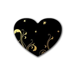 Golden Flowers And Leaves On A Black Background Rubber Coaster (heart)  by Nexatart