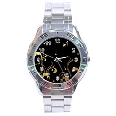 Golden Flowers And Leaves On A Black Background Stainless Steel Analogue Watch by Nexatart