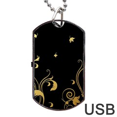 Golden Flowers And Leaves On A Black Background Dog Tag Usb Flash (one Side) by Nexatart