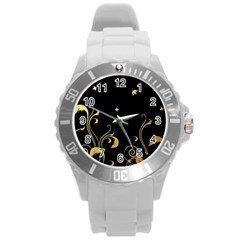 Golden Flowers And Leaves On A Black Background Round Plastic Sport Watch (l) by Nexatart