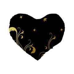 Golden Flowers And Leaves On A Black Background Standard 16  Premium Heart Shape Cushions by Nexatart