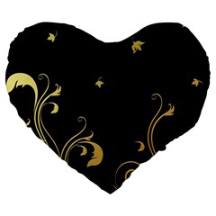 Golden Flowers And Leaves On A Black Background Large 19  Premium Heart Shape Cushions by Nexatart