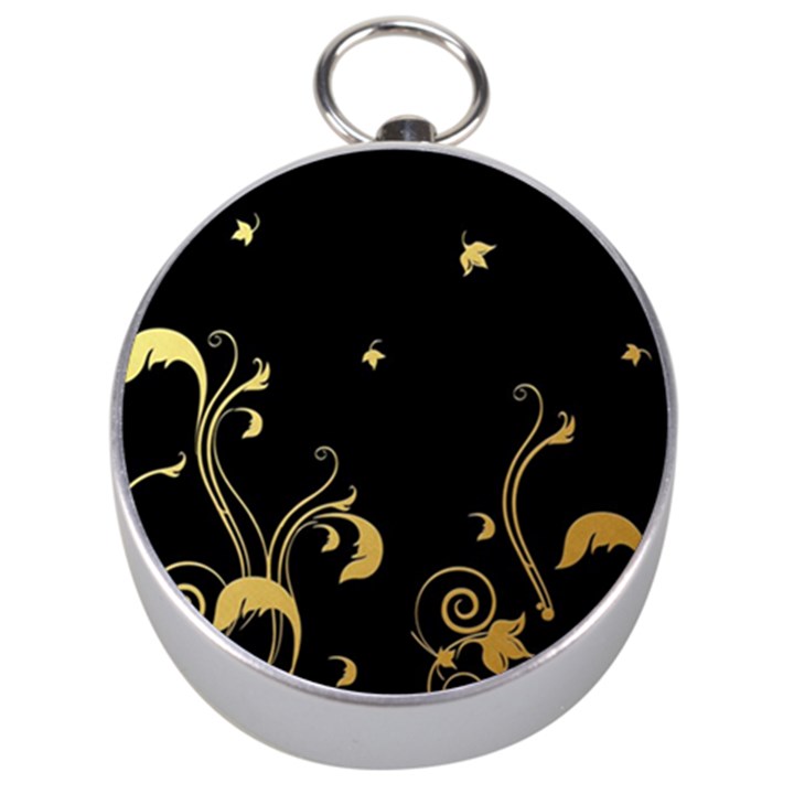 Golden Flowers And Leaves On A Black Background Silver Compasses