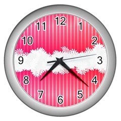 Digitally Designed Pink Stripe Background With Flowers And White Copyspace Wall Clocks (silver)  by Nexatart