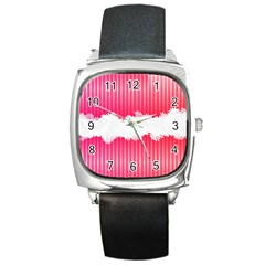 Digitally Designed Pink Stripe Background With Flowers And White Copyspace Square Metal Watch by Nexatart