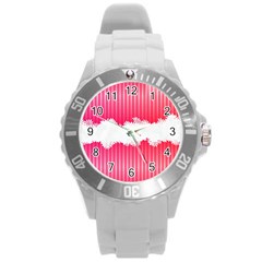 Digitally Designed Pink Stripe Background With Flowers And White Copyspace Round Plastic Sport Watch (l) by Nexatart