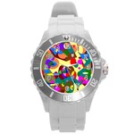 Abstract Digital Circle Computer Graphic Round Plastic Sport Watch (L) Front