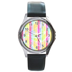 Abstract Stipes Colorful Background Circles And Waves Wallpaper Round Metal Watch by Nexatart