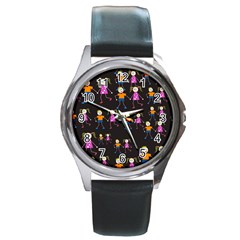 Kids Tile A Fun Cartoon Happy Kids Tiling Pattern Round Metal Watch by Nexatart