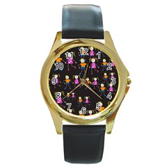 Kids Tile A Fun Cartoon Happy Kids Tiling Pattern Round Gold Metal Watch by Nexatart