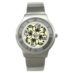 Completely Seamless Tileable Doodle Flower Art Stainless Steel Watch by Nexatart