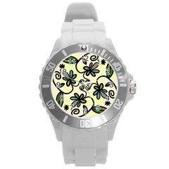 Completely Seamless Tileable Doodle Flower Art Round Plastic Sport Watch (l) by Nexatart