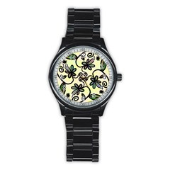 Completely Seamless Tileable Doodle Flower Art Stainless Steel Round Watch by Nexatart