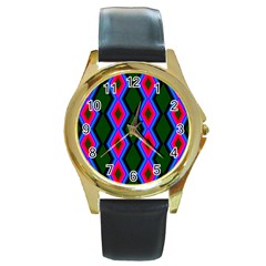 Quadrate Repetition Abstract Pattern Round Gold Metal Watch by Nexatart