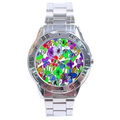 Background Of Hand Drawn Flowers With Green Hues Stainless Steel Analogue Watch by Nexatart