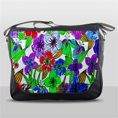 Background Of Hand Drawn Flowers With Green Hues Messenger Bags by Nexatart