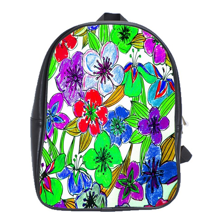 Background Of Hand Drawn Flowers With Green Hues School Bags (XL) 