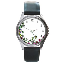 Floral Border Cartoon Flower Doodle Round Metal Watch by Nexatart