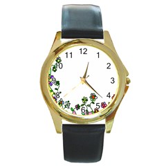 Floral Border Cartoon Flower Doodle Round Gold Metal Watch by Nexatart