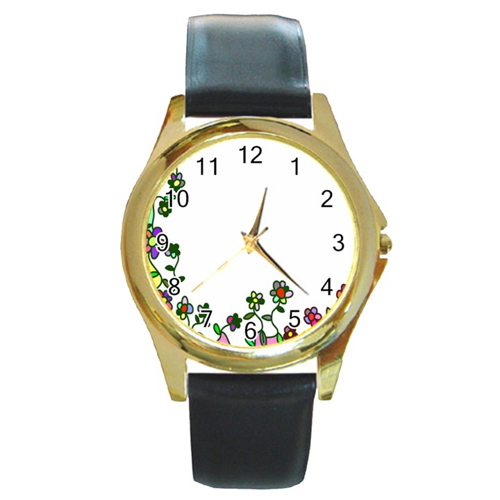 Floral Border Cartoon Flower Doodle Round Gold Metal Watch