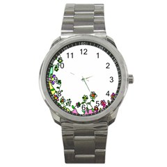 Floral Border Cartoon Flower Doodle Sport Metal Watch by Nexatart