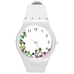 Floral Border Cartoon Flower Doodle Round Plastic Sport Watch (m) by Nexatart