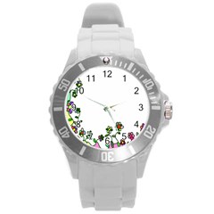 Floral Border Cartoon Flower Doodle Round Plastic Sport Watch (l) by Nexatart