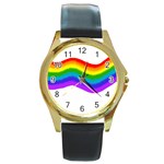 Watercolour Rainbow Colours Round Gold Metal Watch Front