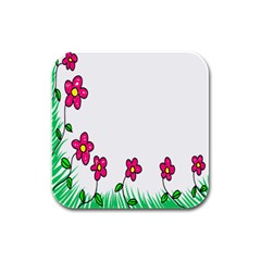 Floral Doodle Flower Border Cartoon Rubber Square Coaster (4 pack) 