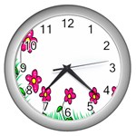 Floral Doodle Flower Border Cartoon Wall Clocks (Silver)  Front