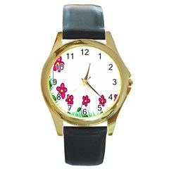 Floral Doodle Flower Border Cartoon Round Gold Metal Watch