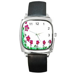 Floral Doodle Flower Border Cartoon Square Metal Watch