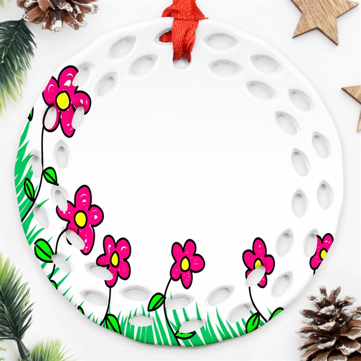 Floral Doodle Flower Border Cartoon Round Filigree Ornament (Two Sides)