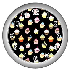 Cupcakes Pattern Wall Clocks (silver)  by Valentinaart