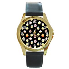 Cupcakes Pattern Round Gold Metal Watch