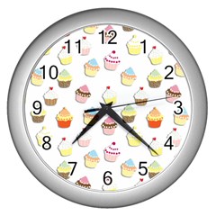 Cupcakes Pattern Wall Clocks (silver)  by Valentinaart