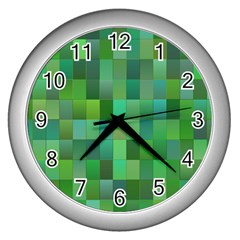 Green Blocks Pattern Backdrop Wall Clocks (Silver) 