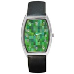 Green Blocks Pattern Backdrop Barrel Style Metal Watch Front