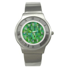 Green Blocks Pattern Backdrop Stainless Steel Watch